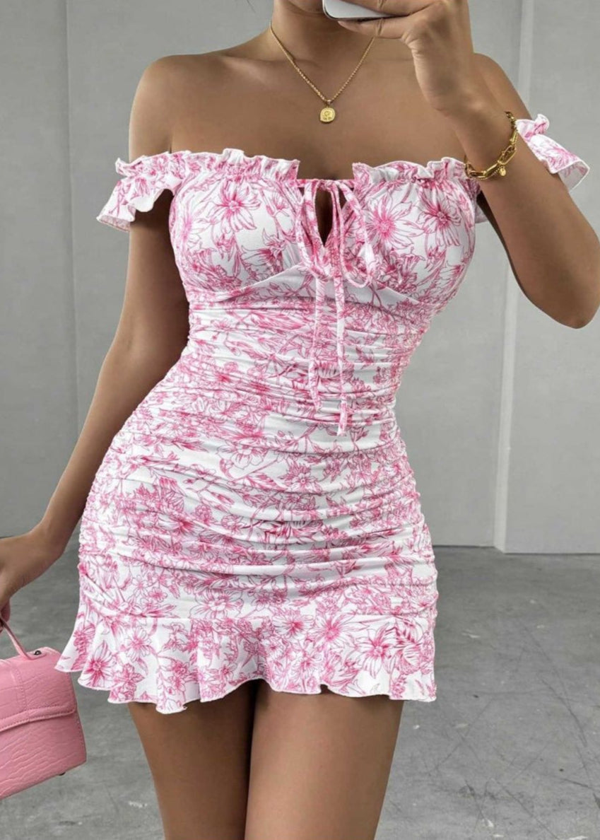 Blossom Ruffle-Trim Floral Mini Dress – Ruched Off-Shoulder Fit