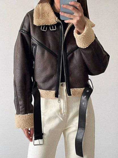 Classic Brown Lambswool Lined Leather Splice Short Jacket