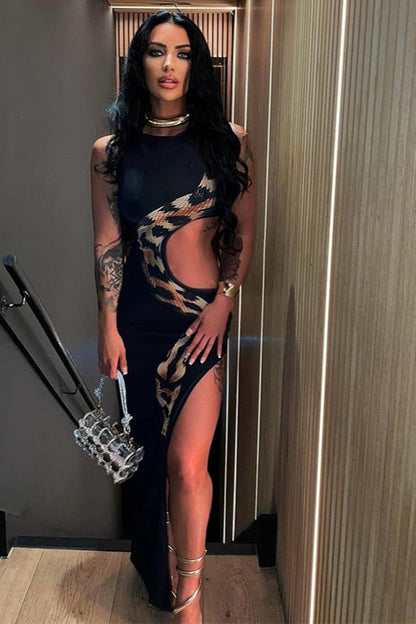 Snake Print Hollow Backless Maxi Dress