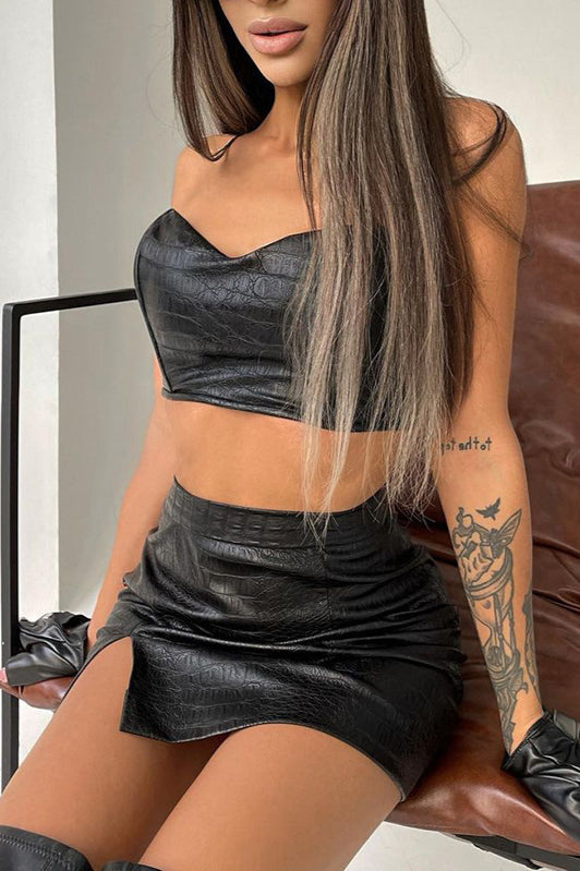 Sexy PU Crop Top High-Waisted Slit Skirt Two Pieces Set