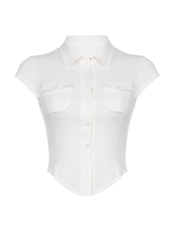 White Y2K Pocket Button Down Cropped Blouse