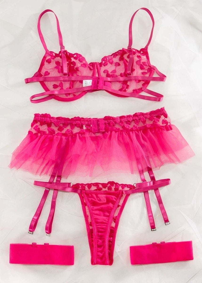 Cherry Bloom Lingerie Set – Sheer Embroidered Bra with Tulle Skirt & Garter