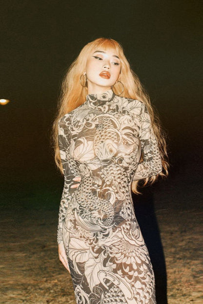 Sheer Floral Mesh High Neck Bodycon Dress