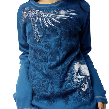 Camiseta de los años 2000, ropa gráfica, estética gótica punk, para mujer, estampado de cuello redondo, manga larga, camiseta Y2K Egirl, ropa de calle