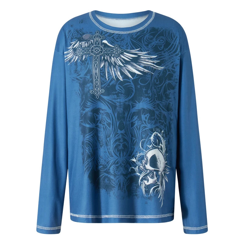 Camiseta de los años 2000, ropa gráfica, estética gótica punk, para mujer, estampado de cuello redondo, manga larga, camiseta Y2K Egirl, ropa de calle