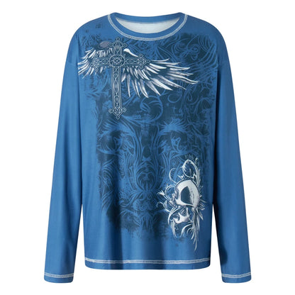 Camiseta de los años 2000, ropa gráfica, estética gótica punk, para mujer, estampado de cuello redondo, manga larga, camiseta Y2K Egirl, ropa de calle