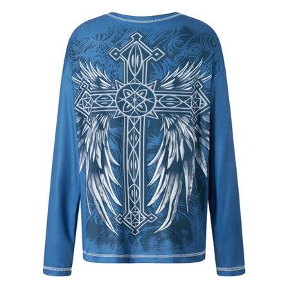 Camiseta de los años 2000, ropa gráfica, estética gótica punk, para mujer, estampado de cuello redondo, manga larga, camiseta Y2K Egirl, ropa de calle