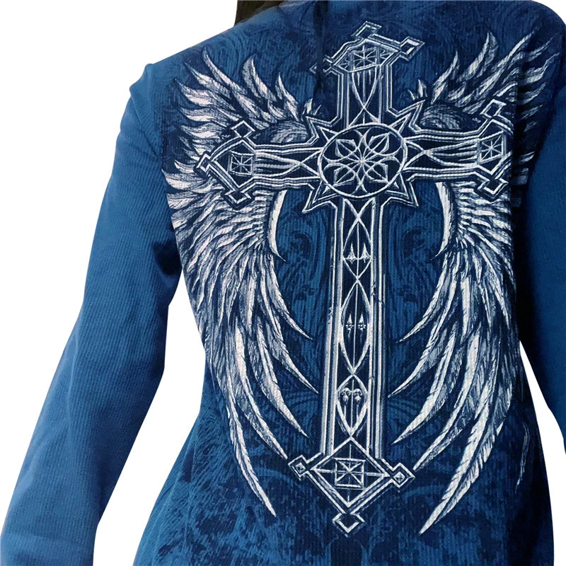 Camiseta de los años 2000, ropa gráfica, estética gótica punk, para mujer, estampado de cuello redondo, manga larga, camiseta Y2K Egirl, ropa de calle