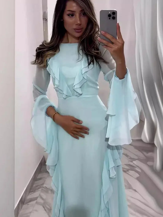 Artcat - Vestido elegante de manga larga con volantes, ajustado, para mujer, otoño 2025, nuevo, de malla, con aberturas, para noche, fiesta, club, ajustado