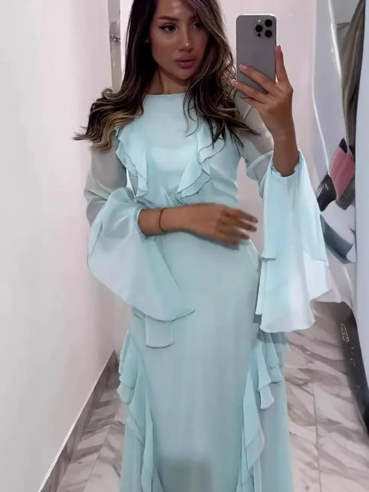 Artcat - Vestido elegante de manga larga con volantes, ajustado, para mujer, otoño 2025, nuevo, de malla, con aberturas, para noche, fiesta, club, ajustado