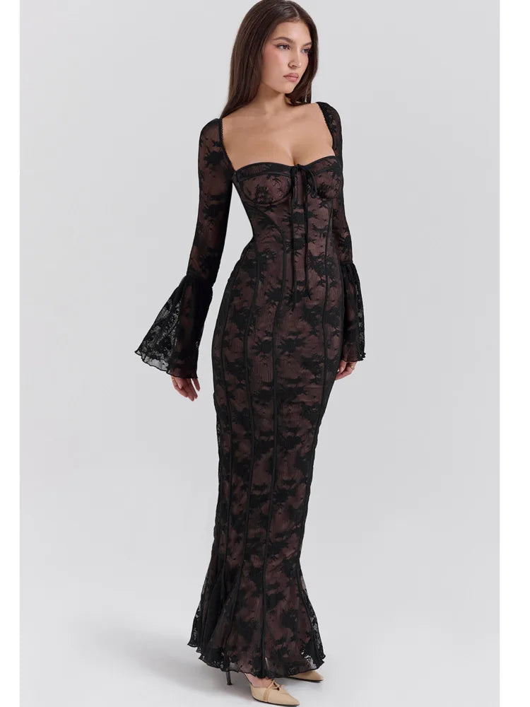 Elegante vestido de manga larga con estampado de encaje y retazos de malla para mujer, vestido maxi sexy ajustado para fiesta de otoño/invierno, vestido de noche