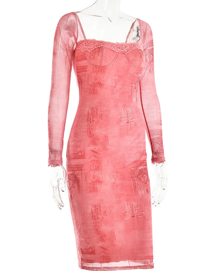 -Vestido estampado de manga larga para mujer, vestido midi ajustado de encaje, elegante vestido de noche de fiesta, escote cuadrado, otoño,