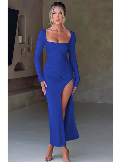 Vestido sexy ajustado con abertura alta y cordón ajustable para mujer, vestido de noche ajustado de manga larga para fiesta, vestido maxi elegante para mujer, otoño nuevo