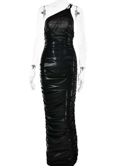 -Vestido de mujer de un solo hombro, sin mangas, espalda descubierta, plisado, ajustado, vestido de temperamento, fiesta femenina, club, noche