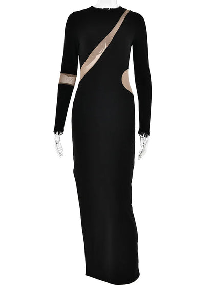 -Vestido midi de manga larga con abertura para mujer, sexy, ahuecado, dividido, irregular, irregular, para fiesta, club, noche