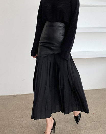 Asymmetric Patchwork Faux Leather Chiffon Pleated Midi Skirt