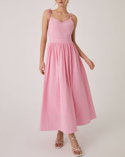 Backless Cotton Linen Lace Up Long Dress