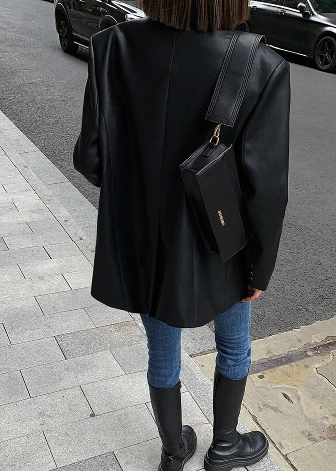 Sleek Black Faux Leather Blazer