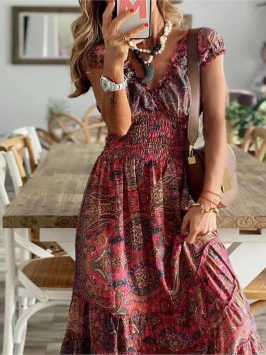 Vestidos largos con estampado bohemio para mujer, cuello en V, cintura elástica, mangas cortas, estilo casual de vacaciones, vestidos vintage de moda para mujer