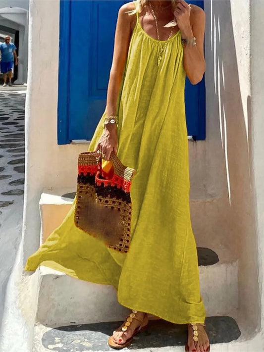 Vestidos bohemios de tirantes finos de color liso para mujer, sueltos, sexis, sin espalda, para vacaciones en la playa, vestidos largos casuales de moda para mujer