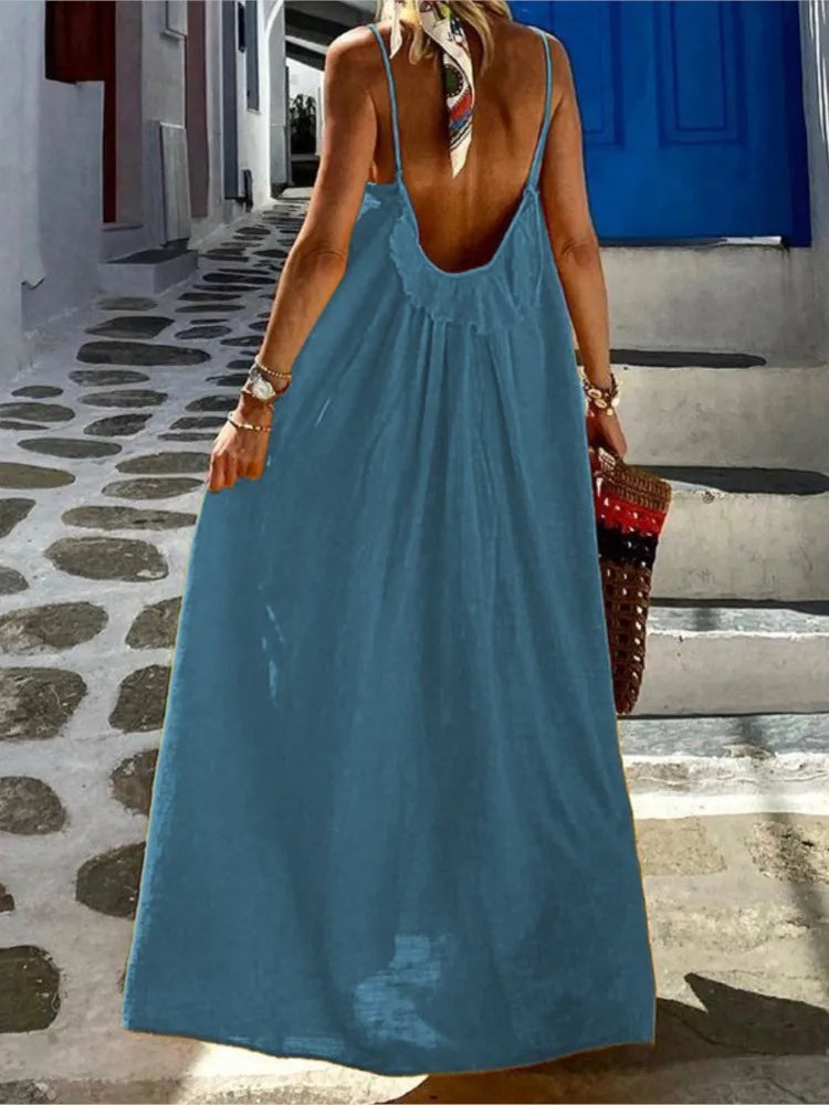 Vestidos bohemios de tirantes finos de color liso para mujer, sueltos, sexis, sin espalda, para vacaciones en la playa, vestidos largos casuales de moda para mujer