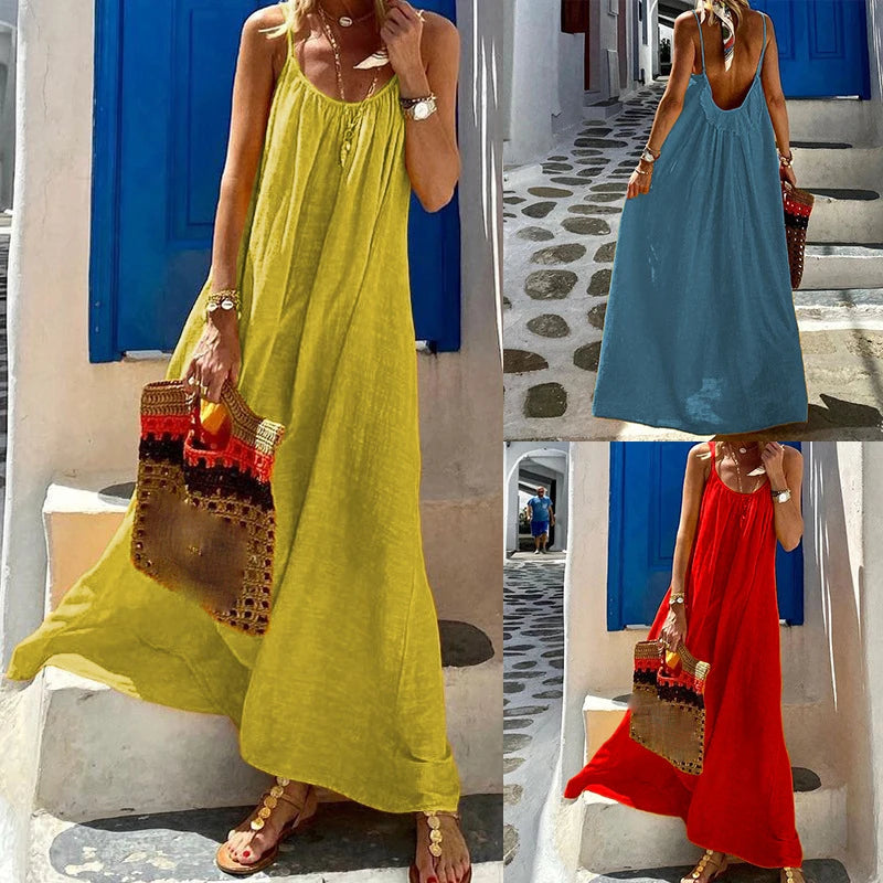 Vestidos bohemios de tirantes finos de color liso para mujer, sueltos, sexis, sin espalda, para vacaciones en la playa, vestidos largos casuales de moda para mujer
