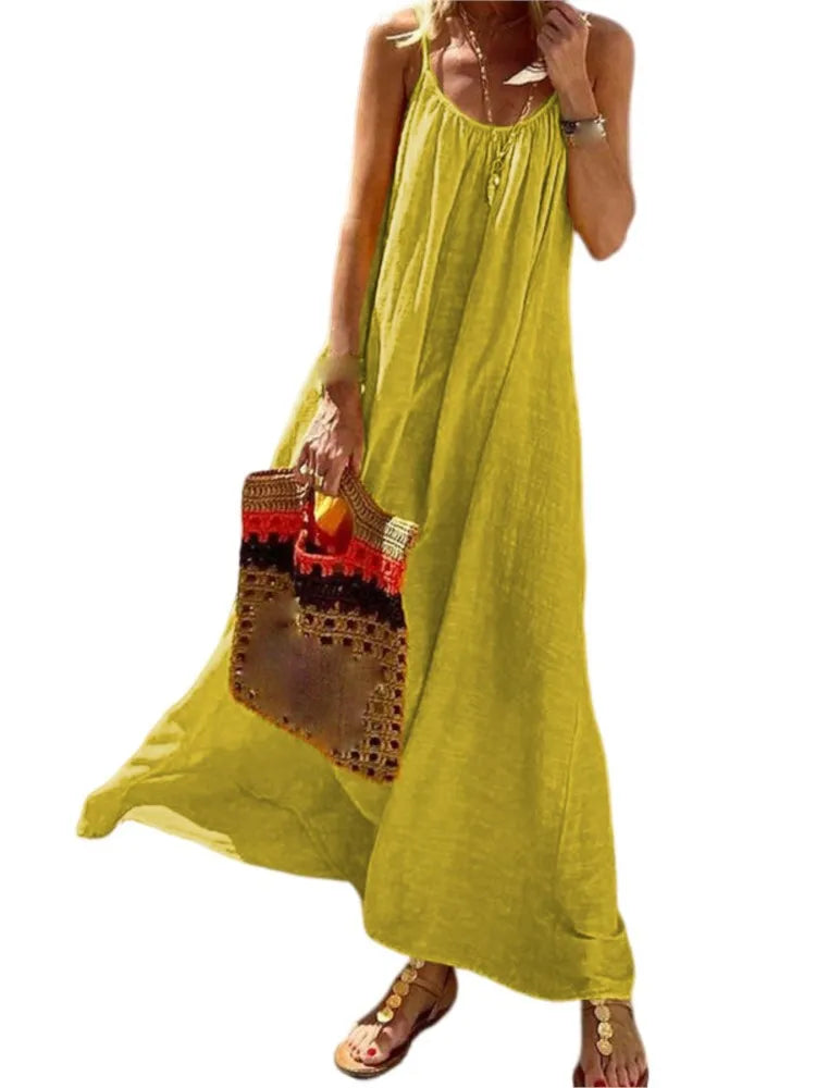 Vestidos bohemios de tirantes finos de color liso para mujer, sueltos, sexis, sin espalda, para vacaciones en la playa, vestidos largos casuales de moda para mujer