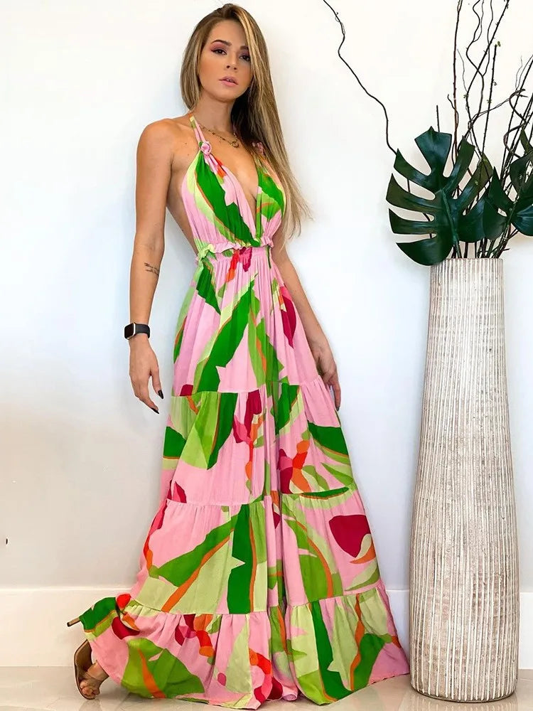 Vestidos de cuello halter con estampado de estilo bohemio para mujer, sexys, con escote en V y espalda descubierta, para vacaciones y playa, ropa informal para desplazamientos diarios.