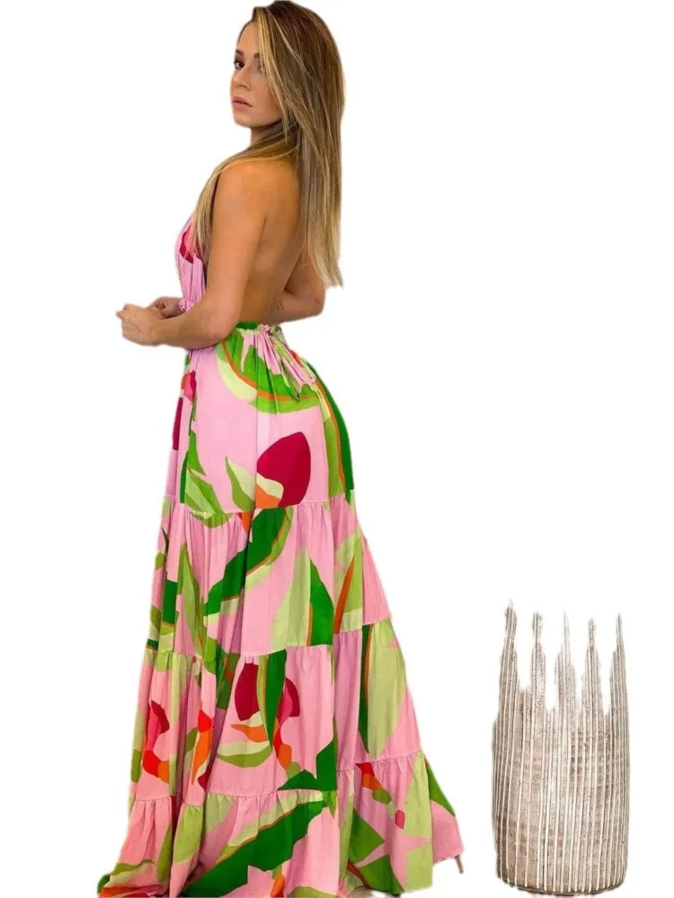 Vestidos de cuello halter con estampado de estilo bohemio para mujer, sexys, con escote en V y espalda descubierta, para vacaciones y playa, ropa informal para desplazamientos diarios.