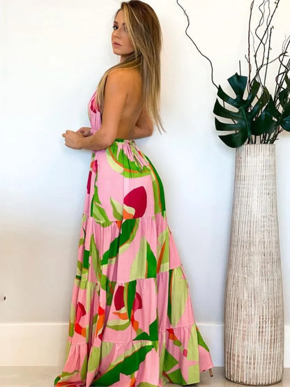Vestidos de cuello halter con estampado de estilo bohemio para mujer, sexys, con escote en V y espalda descubierta, para vacaciones y playa, ropa informal para desplazamientos diarios.