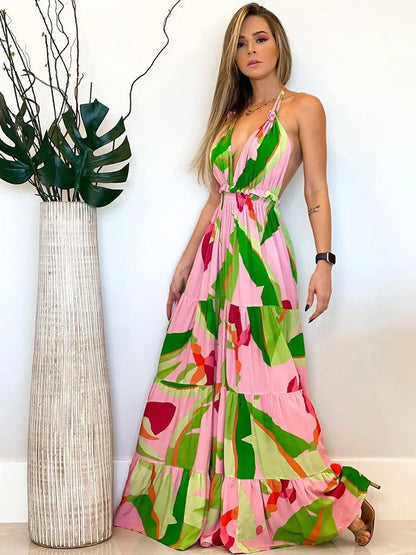 Vestidos de cuello halter con estampado de estilo bohemio para mujer, sexys, con escote en V y espalda descubierta, para vacaciones y playa, ropa informal para desplazamientos diarios.