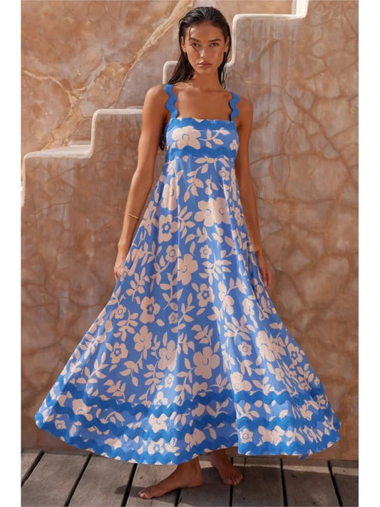 Vestido largo bohemio de verano con estampado en forma de A, sexy, sin espalda, para vacaciones y playa, con tirantes finos, para mujer