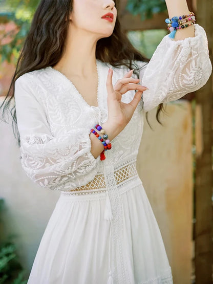 Vestido de playa blanco bohemio para mujer, elegante vestido de fiesta para primavera y otoño, cuello en V, sexy, con aberturas, cintura alta, largo