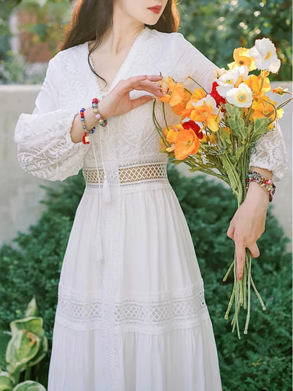 Vestido de playa blanco bohemio para mujer, elegante vestido de fiesta para primavera y otoño, cuello en V, sexy, con aberturas, cintura alta, largo