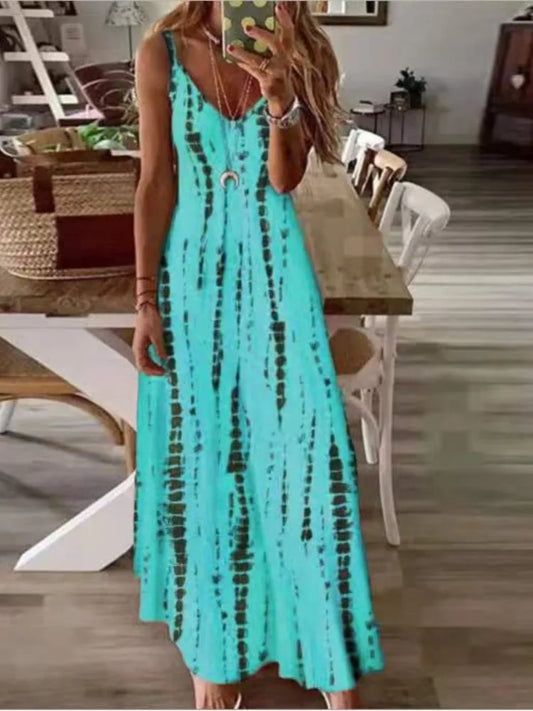 Vestidos casuales con estampado maxi de tirantes finos para mujer, cuello en V, espalda descubierta, corte A, vestido largo, estilo bohemio, vestidos de playa.