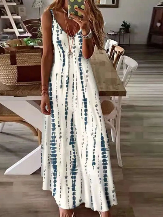 Vestidos casuales con estampado maxi de tirantes finos para mujer, cuello en V, espalda descubierta, corte A, vestido largo, estilo bohemio, vestidos de playa.