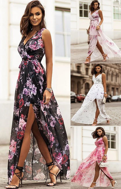 Vestidos largos con estampado de flores de gasa para mujer, sexys, con escote en V, espalda descubierta, aberturas laterales, moda para ir al trabajo