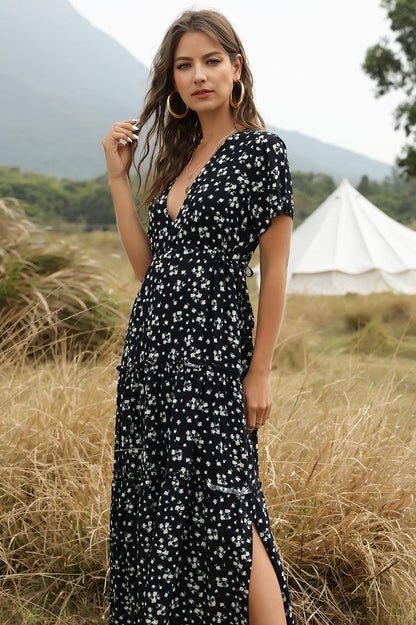 Vestido bohemio floral con volantes de algodón azul 