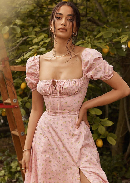 Vestido midi con abertura y mangas abullonadas 