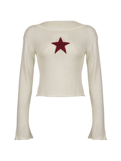 White Vintage Knitted Crochet Crop Top with Star Patch