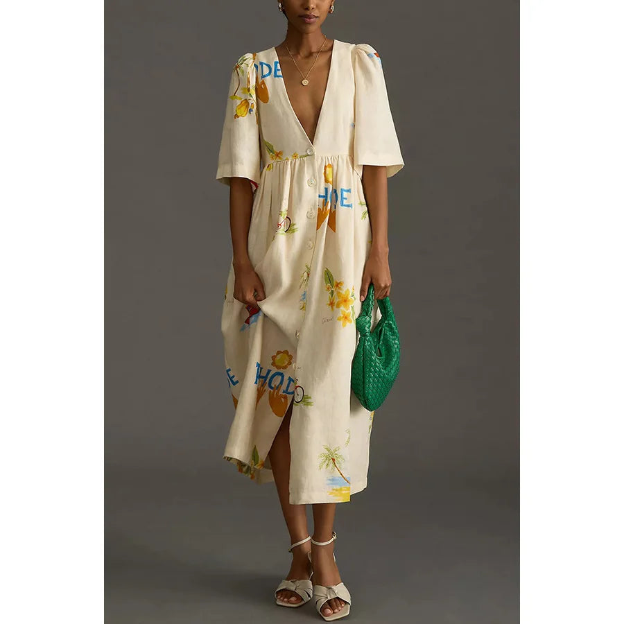 Vestidos estampados de moda para mujer, modernos, abullonados, de manga corta, de un solo pecho, informales, para playa, vacaciones, sueltos, largos, de verano, nuevos vestidos