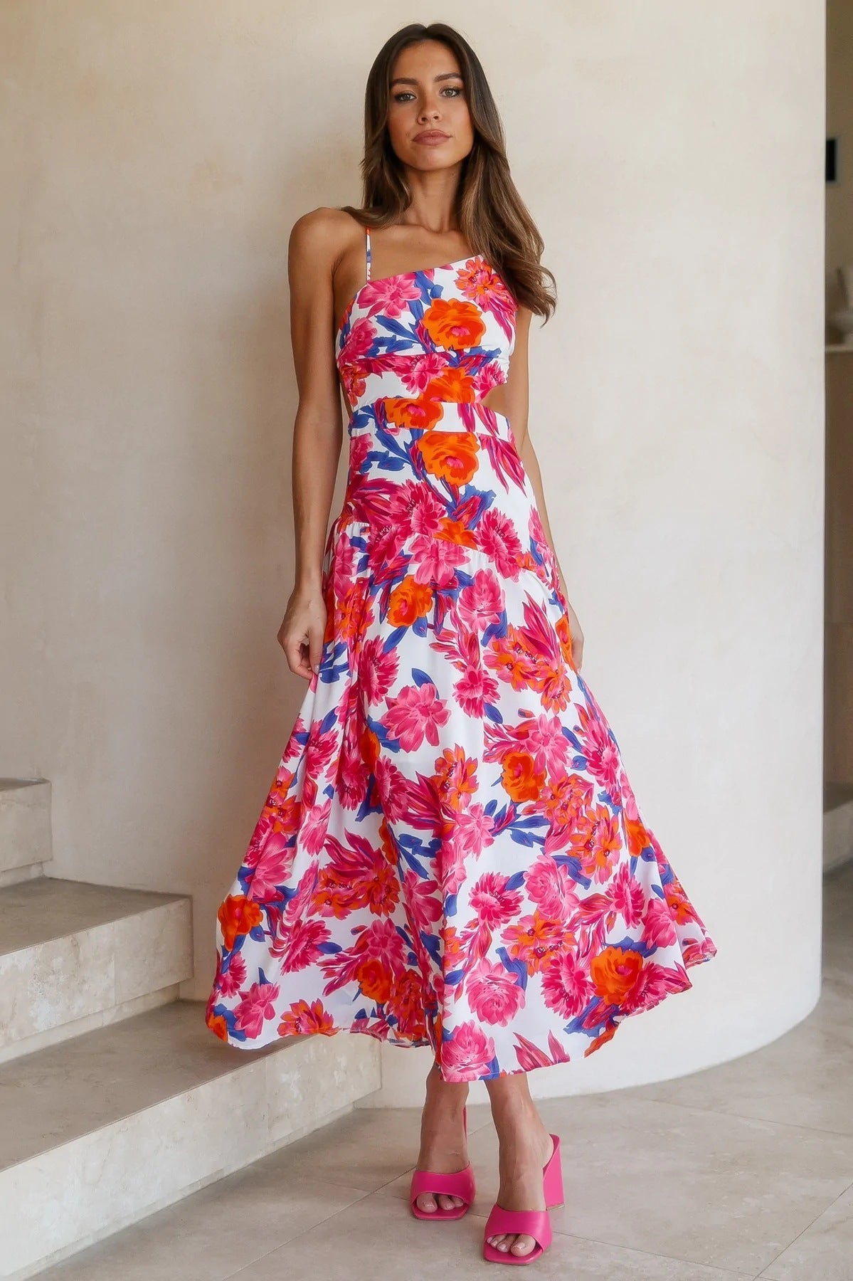 Vestido midi camisola asimétrico con estampado floral 