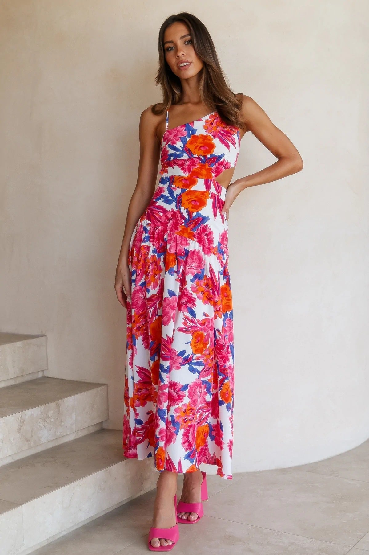 Vestido midi camisola asimétrico con estampado floral 