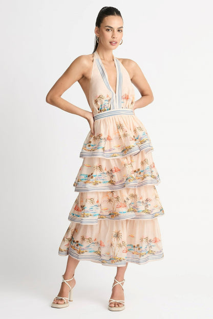 Vestido largo floral con cuello halter, espalda descubierta, dobladillo con volantes escalonados 