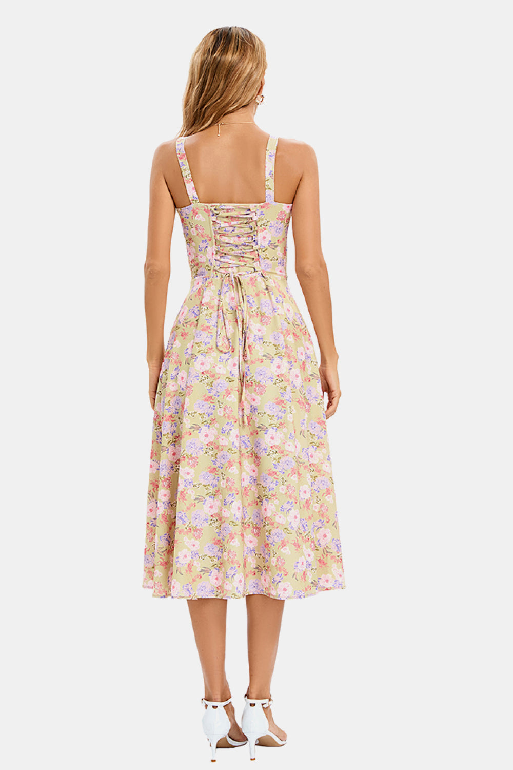 Vestido midi con abertura y encaje con corsé floral 