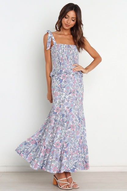 Vestido midi de tirantes finos con encaje elástico y fruncido floral 