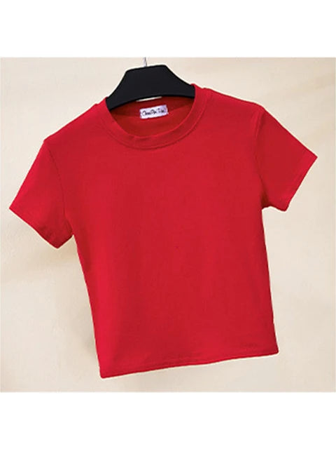 Green Crop Top T-Shirt Female Solid Cotton O-Neck Short Sleeve T-shirts for Women High Waist Slim Short Sport Femme T-Shirt