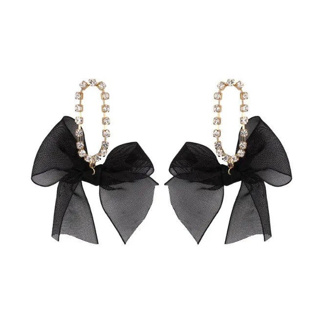 Korean Dangle Drop Earrings Black Tulle Yarn Rhinestone Bow Knot Kawaii Fashion Jewelry for Women Fall Winter