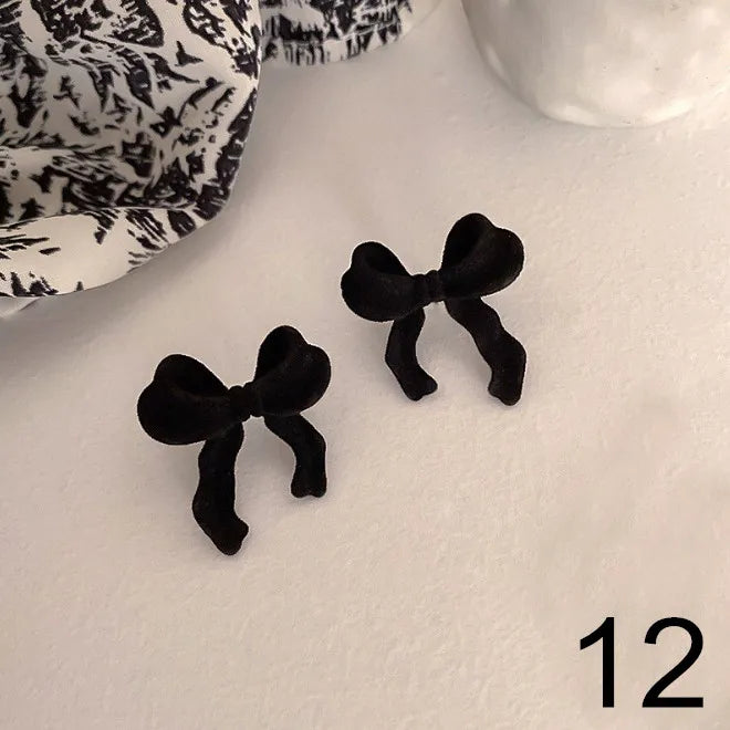 Korean Dangle Drop Earrings Black Tulle Yarn Rhinestone Bow Knot Kawaii Fashion Jewelry for Women Fall Winter