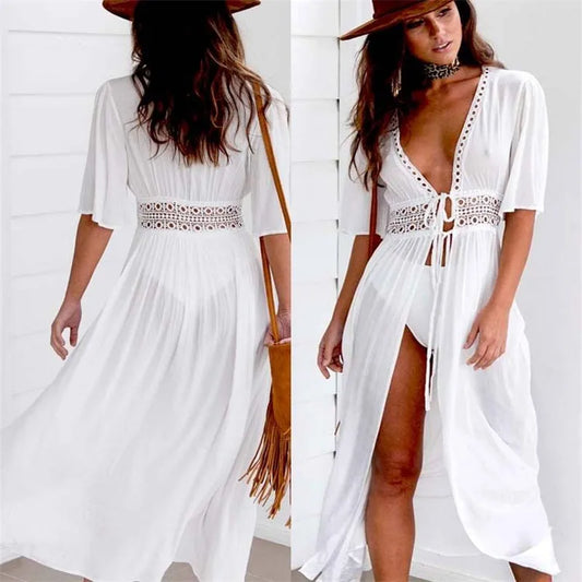 Vestido largo playero para mujer, pareo tipo túnica de bikini, vestido blanco con cuello en V, traje de baño, ropa de playa